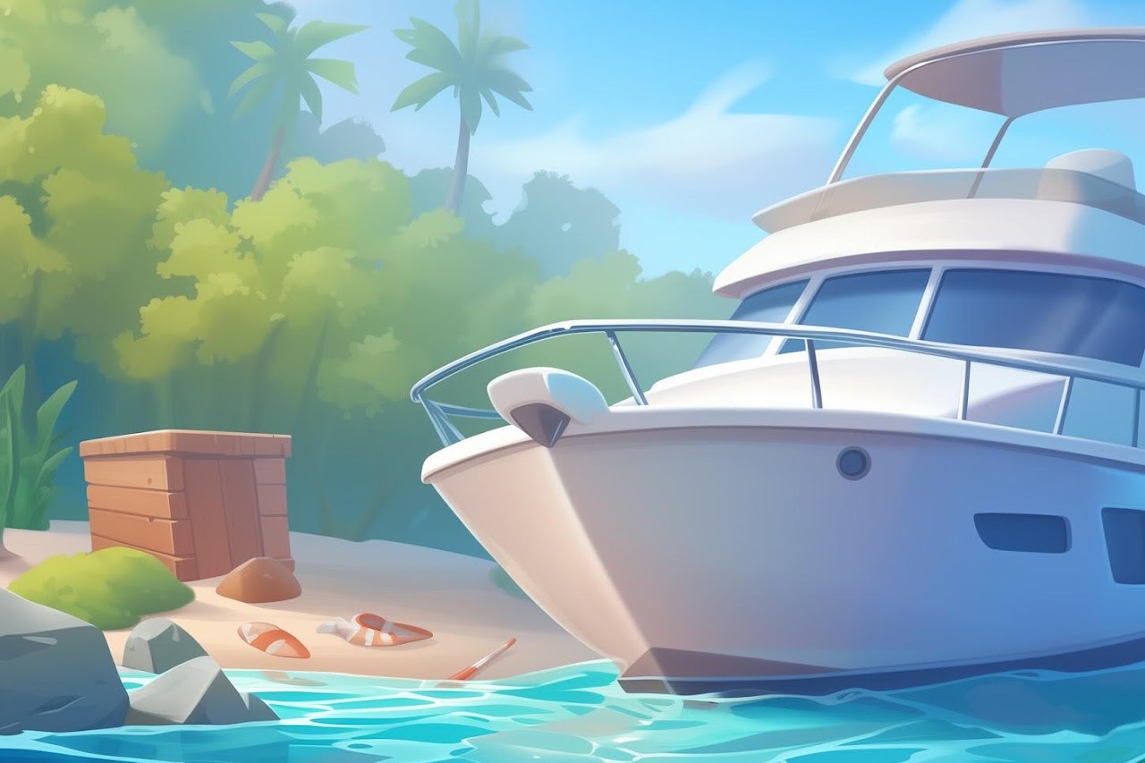 A game scene with a yacht beside a tropical island