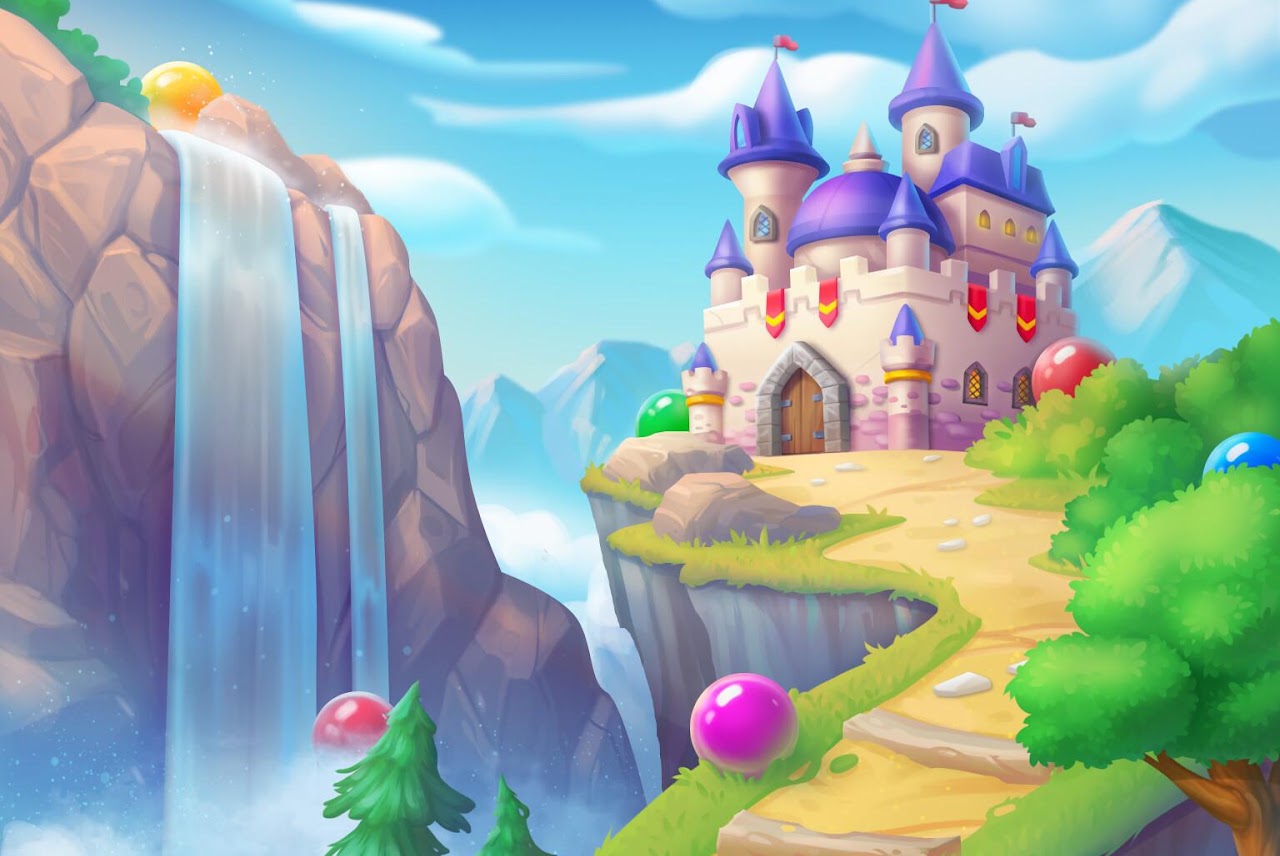 A colorful game world with a castle and waterfall